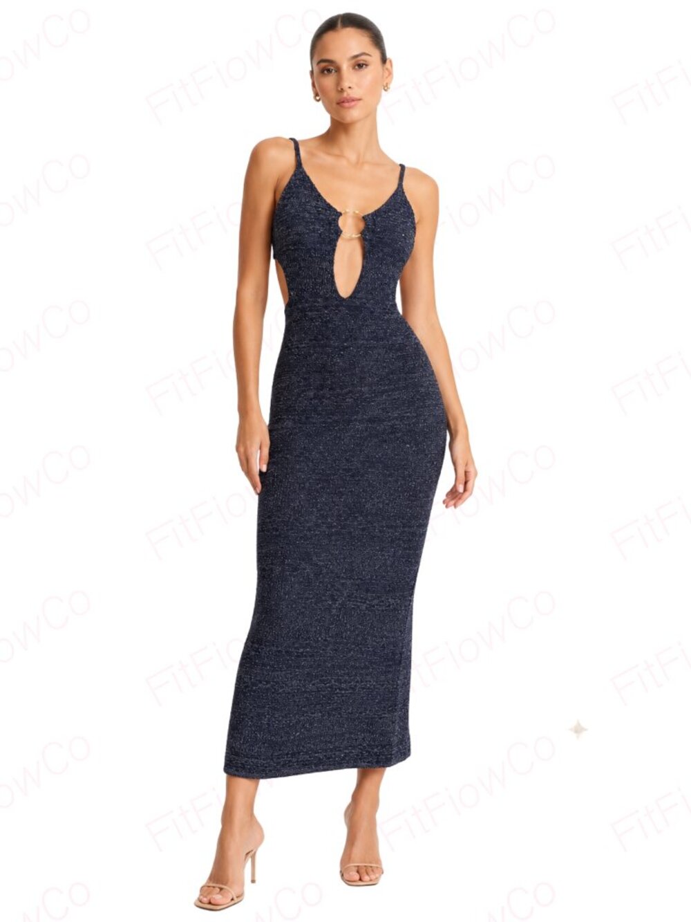 Zara Metallic Knit Cutout Ring Midi Dress Size S Navy Silver Open Back